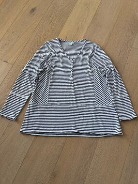 Sundance V-Neck Striped Drop Sleeve Cotton Top Reverse Seam Raw Edge Size Small